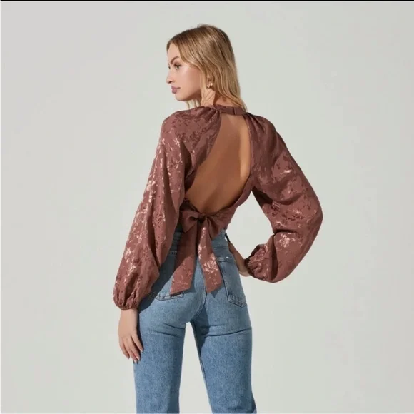 Astr The Label Women’s Betsy Floral Jacquard Cutout Long Sleeve Top Small - Picture 4 of 6